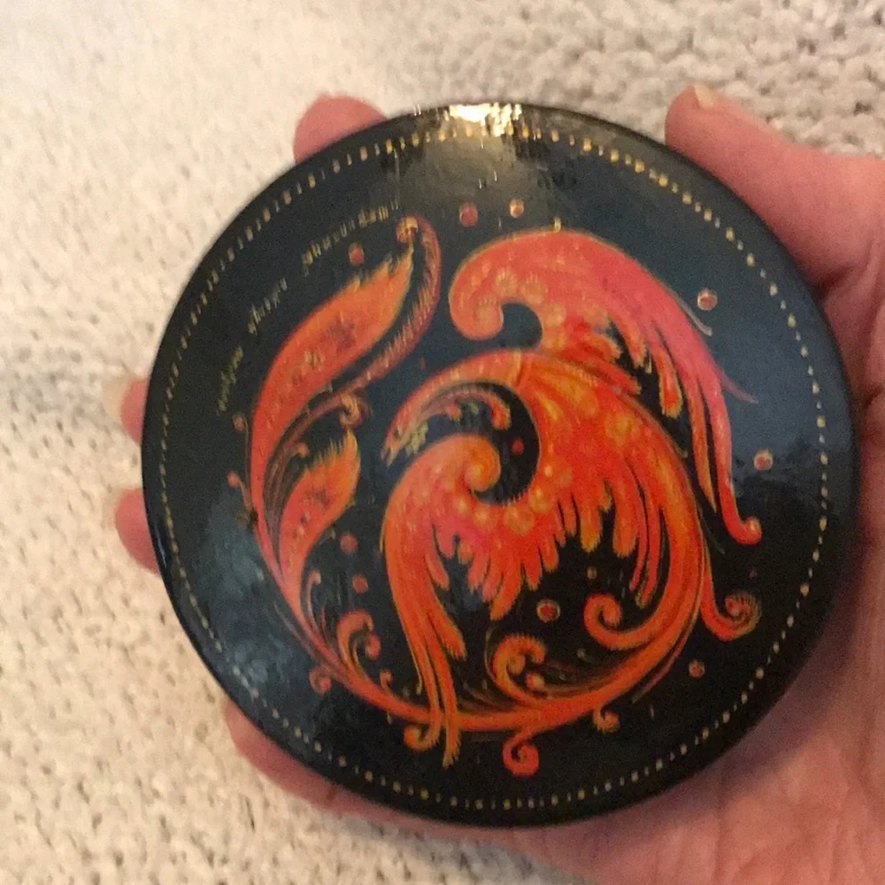 Hand-Painted Black Round Russia Decorative Box with Orange Floral Motif